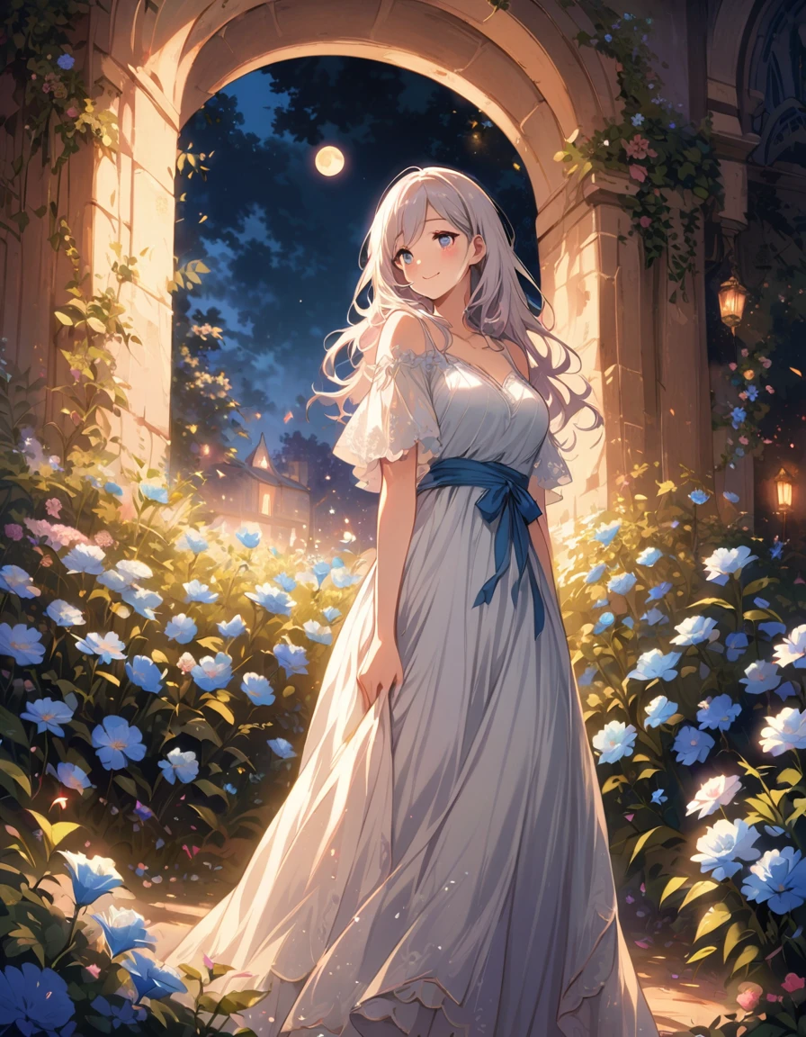 detailed textures, high quality, high resolution, high accuracy, Realism, color correction, correct lighting settings, harmonious composition. field of flowers at night, full moon, (Light blue flowers), Shining petals, flowy dress, gentle breeze, (standing), One, curvy adult women, White hair, sparkling eyes, (detailed eyes:1.2), smile, blush, shallow depth of field, (Soft and dreamy), romantic atmosphere, Magical atmosphere, charming scene--ar 3:4- Niji 6