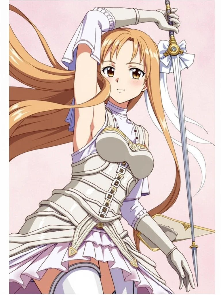 score_9,score_8_superior,score_7,sauce_anime,
One person,
Simple Background,
Asuna \(star\),White knee socks,Brown Hair,Brown eyes,armor,dress,gloves,
Put your hands on your hips,
Are standing,