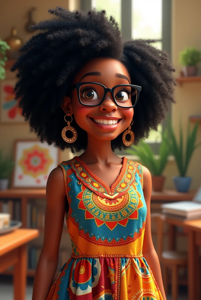 3D poster inspired by Pixar capturing a scene with a 55-year-old woman, medium and square black glasses, light brunette, white skin. long eyelashes, small and chubby nose, wrinkle between the eyebrows, arched eyebrows, square chin, overweight, chubby, chubby arms, slightly full lips, full breasts, smiling, fair skin, black afro hair, very black and full of curls , and short on one side, hair all curly, full of curls, shaved neck and long bangs on the sides with curls, very long with curls, with an asymmetrical pixie cut in which one side is very short and the left side is longer, dress long, wide and colorful with geometries, atelier with mandalas, a beautiful mole on the upper lip, between the nose and mouth