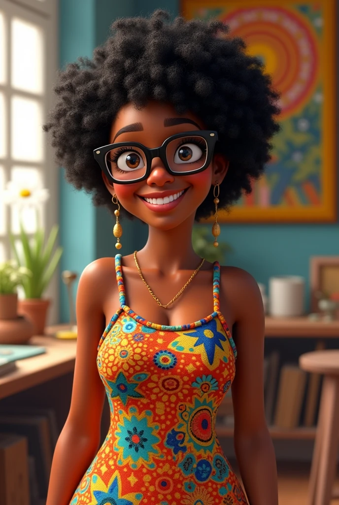 3D poster inspired by Pixar capturing a scene with a 55-year-old woman, medium and square black glasses, light brunette, white skin. long eyelashes, small and chubby nose, wrinkle between the eyebrows, arched eyebrows, square chin, overweight, chubby, chubby arms, slightly full lips, full breasts, smiling, fair skin, black afro hair, very black and full of curls , and short on one side, hair all curly, full of curls, shaved neck and long bangs on the sides with curls, very long with curls, with an asymmetrical pixie cut in which one side is very short and the left side is longer, dress long, wide and colorful with geometries, atelier with mandalas, a beautiful mole on the upper lip, between the nose and mouth