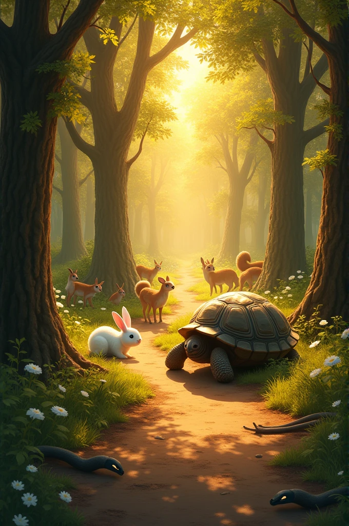 Imagine a peaceful forest at sunset, where a narrow dirt path winds through tall trees. The leaves are tinged with golden light, and the shadows are long and soft. On one side of the path stands a sleek, white rabbit with bright eyes, crouched and ready to dash forward. On the other side is a steady tortoise with a determined expression, his shell gleaming softly in the fading light. A group of curious forest animals, including deer, squirrels, and birds, gather around, their faces filled with excitement and wonder as they prepare to witness the start of an unexpected race. The finish line, marked by two tall trees in the distance, stands as a silent challenge. The atmosphere is a blend of tension and calm, with the forest alive in the anticipation of the race's outcome.