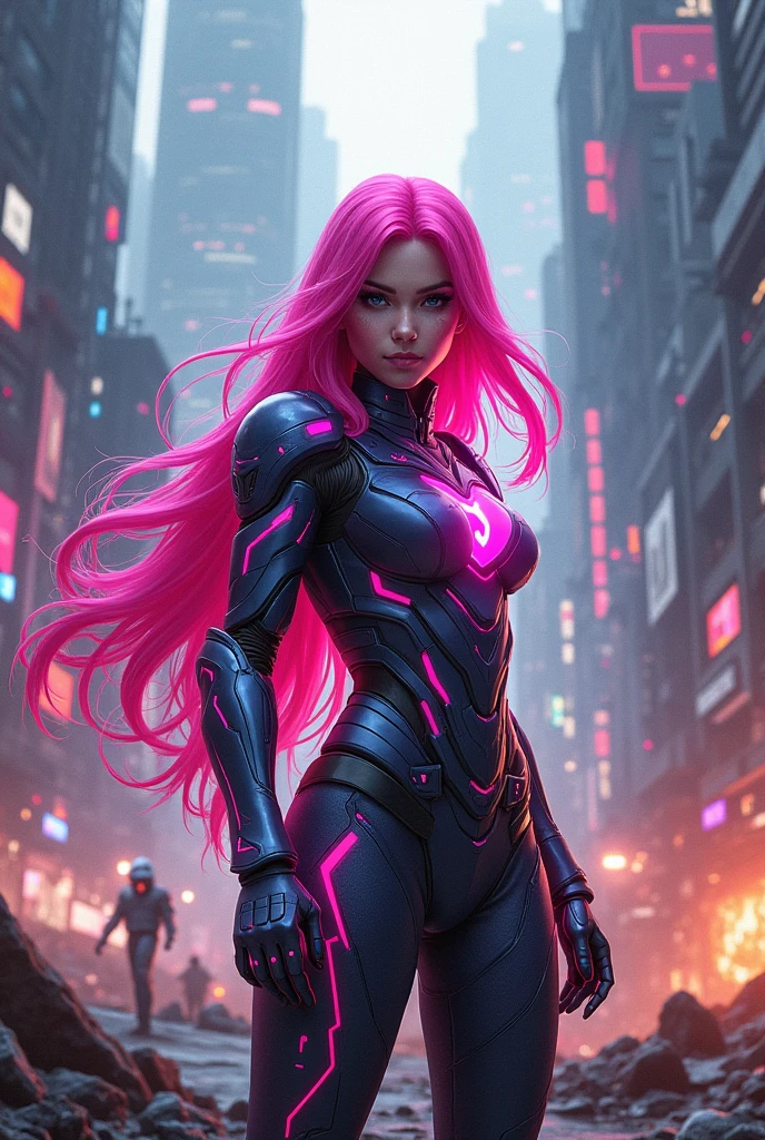 create a female character, warrior with long, bright pink hair..futuristic warrior armor that commands a war rank