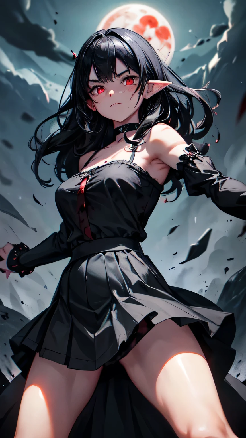 Create an illustration based on the following info: A young women standing in the middle of clearing surrounded by tall trees, (black hair:1.5), long hair, wavy hair, face framing hair, beautiful eyes, glowing red crimson eyes, pink lips, expressionless, impassive, c-cup breasts, slender arms, blood covered hands, clenched fists, slender thighs, dainty, Gothic dress, (black dress:1.5), black choker, lace choker, (black sleeves:1.5), detached sleeves, (black skirt:1.5), high-low skirt, layered skirt, lace trim, night, full moon, bright moonlight, cinematic lighting, green leaves, close up, looking at viewer, dark atmosphere, Add clothes detail, blood, blood on face, (blood on face:1.5), elf ears, black energy, black smoke, (black smoke:1.5), fire sparks, fighting stance, (fighting stance:1.5), (black top:1.5), blood splatters, blood on dress