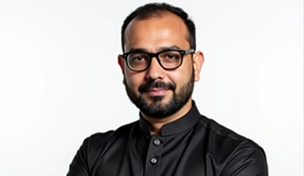 A passport size picture of Pakistani Pathan man with age of 40 to 45 with white background in black shalwar qameez and short hair style and glasses