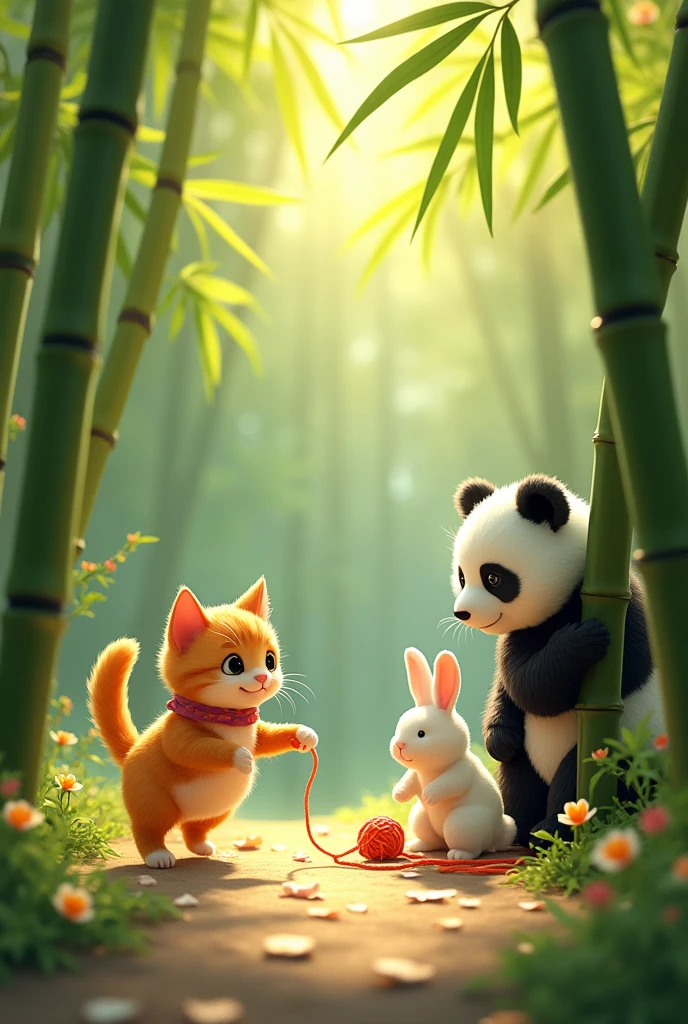Cat playing alone and a panda bear and a rabbit watching it