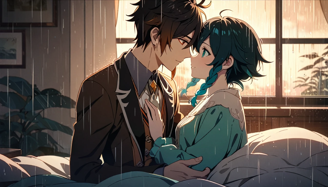 A couple embracing in bed, rain visible through a window, detailed anime style characters, happy scene, rainy window, 8k, masterpiece, dramatic lighting, romantic, intimate, emotional, soft lighting, warm tones, cozy, gentle, tender,2boys,venti,zhongli,eye contact,looking at each other,hires