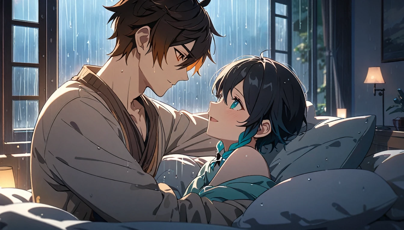 (masterpiece,best quality,4k,8k,highres:1.2),A couple embracing in bed, visible through a window, detailed anime style characters, happy scene, rainy window, dramatic lighting, romantic, intimate, emotional, soft lighting, warm tones, cozy, gentle, tender,2boys,venti,zhongli,hires,size_difference,flat chest,kissing,blushing,eyes  closed,lips parted,breathing heavy 