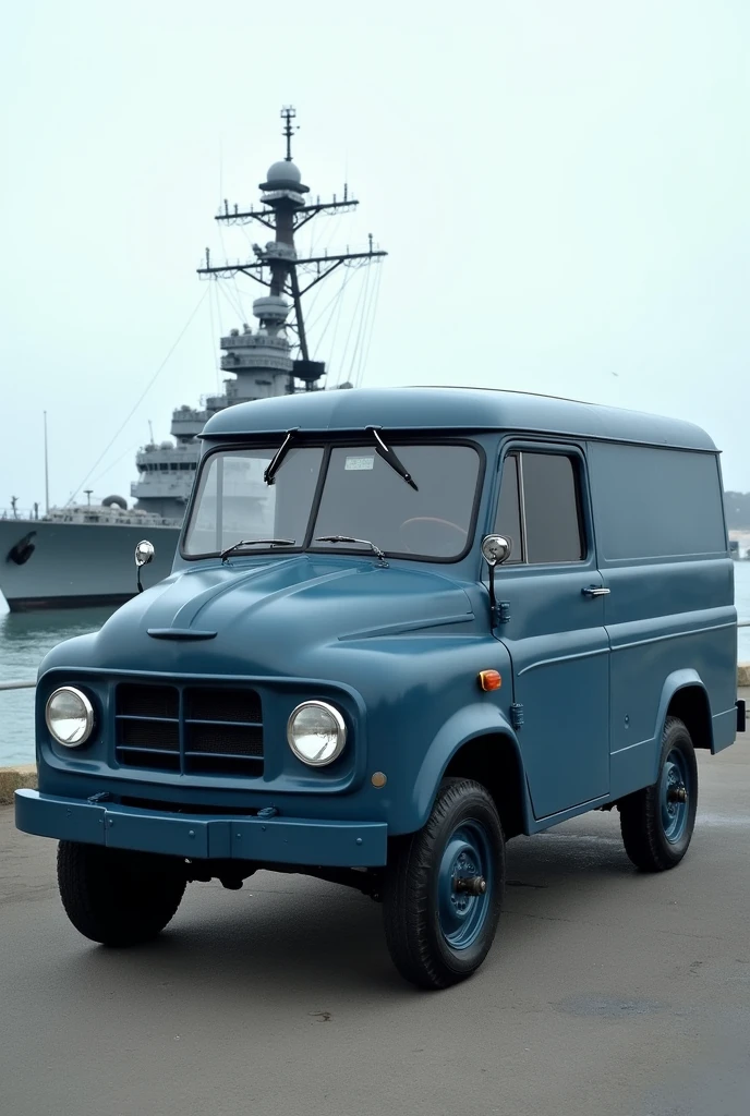 Small closed van-type utility vehicle from the 1950s, van body, advanced cabin, Navy military paint in navy blue, simple lines at the front without front grille, rear engine,  steel wheels without hubcaps in body color, No doors, simplest version without chrome, circular headlights screwed to the front sheet metal, parked at a naval base with a warship in the background 
