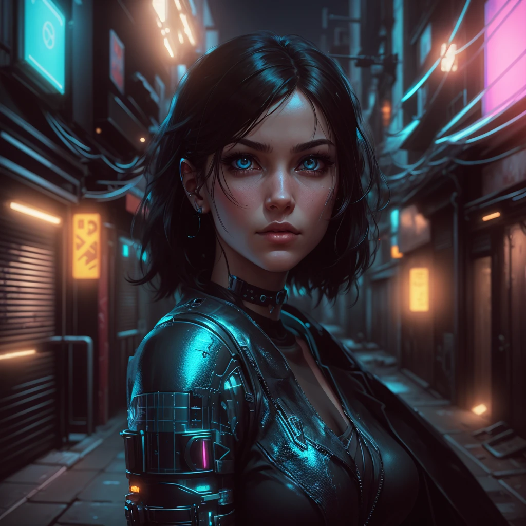 hiperrealistic art style cyberpunk woman looking toward camera in a dystopian dark backalley with some néon lights in the background