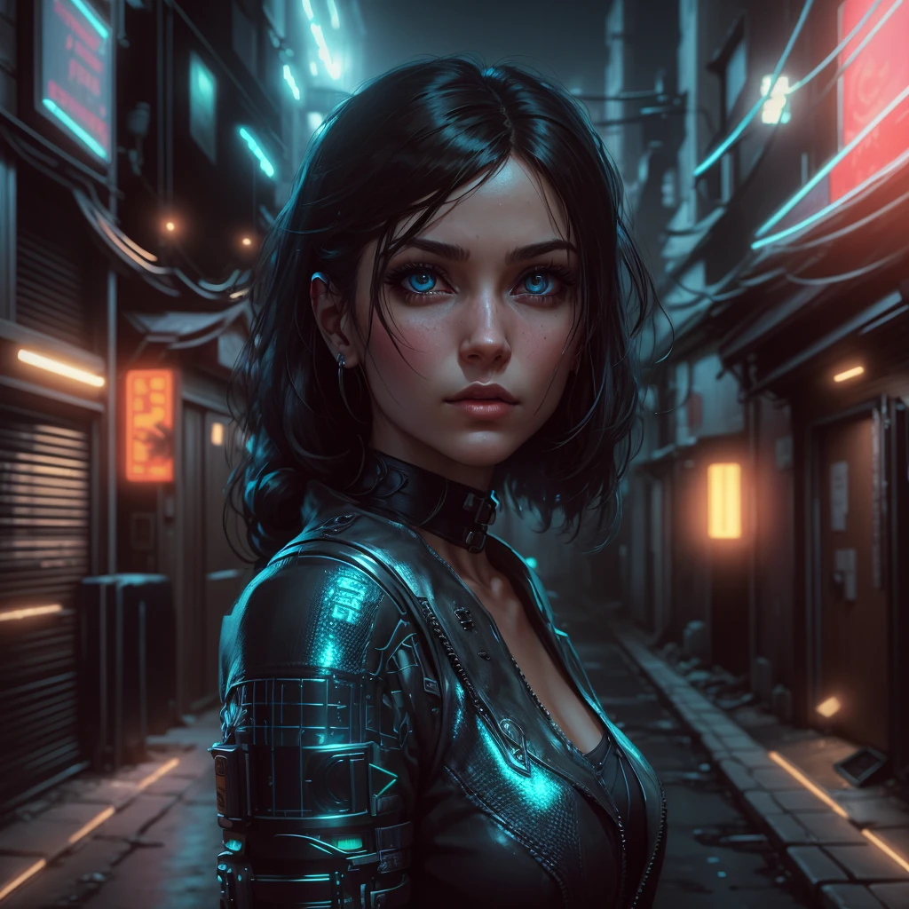 hiperrealistic art style cyberpunk woman looking toward camera in a dystopian dark backalley with some néon lights in the background