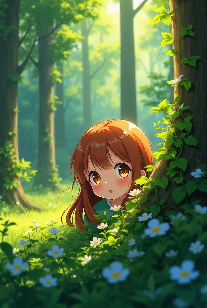 Girl with medium-long hair looks out from a bush in the background with trees, anime-type drawings 