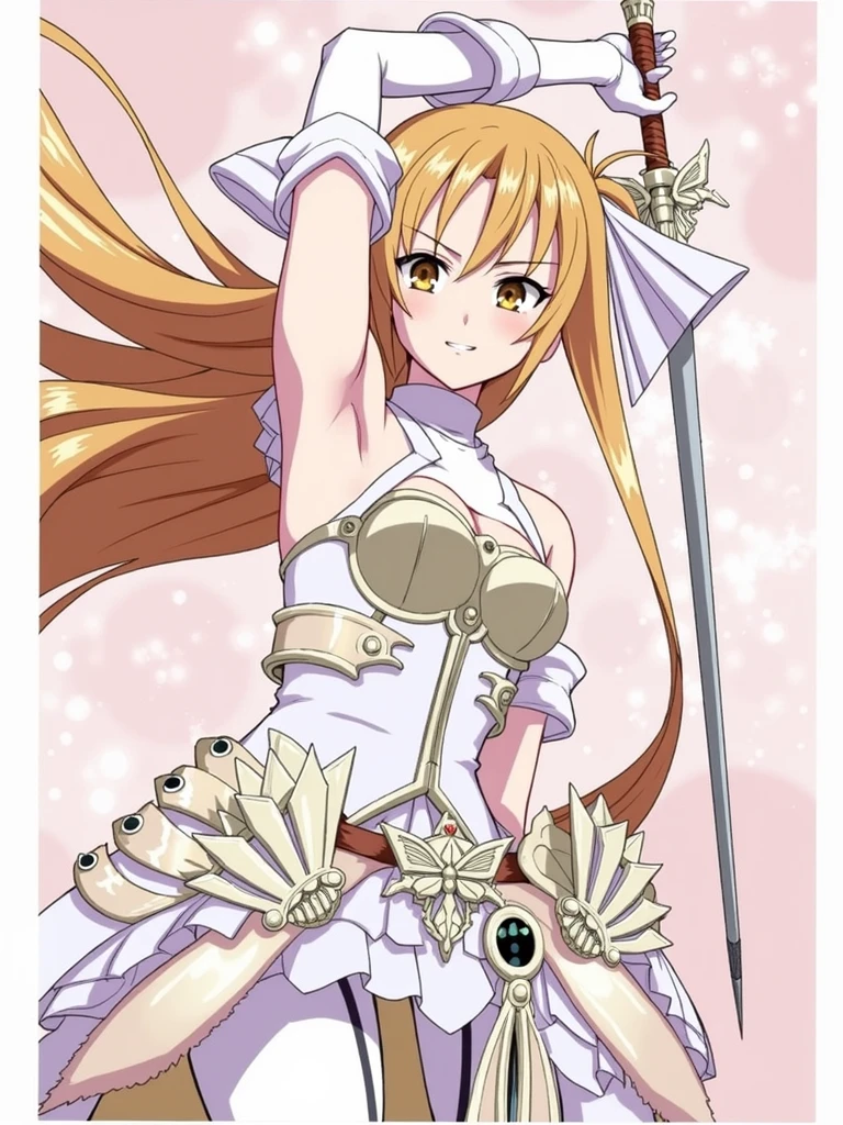 score_9,score_8_superior,score_7,sauce_anime,
One person,
Simple Background,
Asuna \(star\),White knee socks,Brown Hair,Brown eyes,armor,dress,gloves,
Put your hands on your hips,
Are standing,