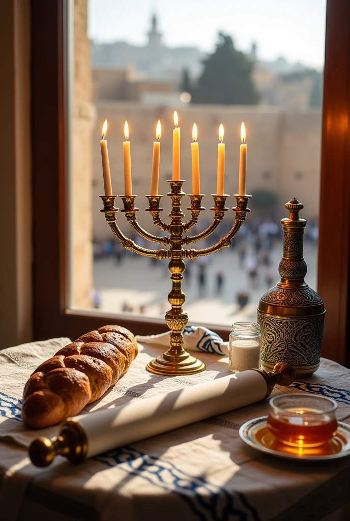 Create a piece of art featuring a 7-branched menorah, A Torah scroll, a braided bread, wine bottle, talif, in the background, the Kotel should be visible, a jar of salt and honey