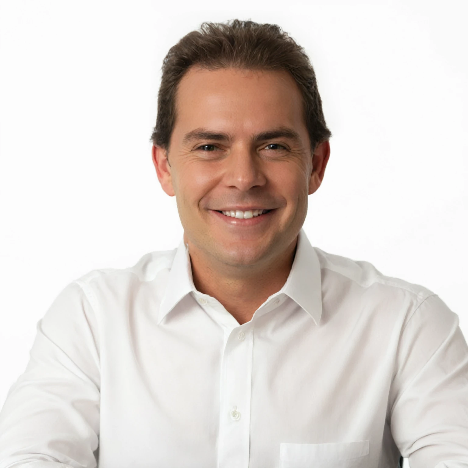 friendly, smiling man in white shirt sitting and ready to explain how to use new software