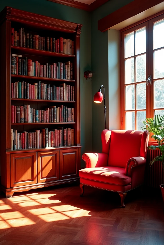 Indoor background image 
Red light,white ligh,book self,flaming chair, light hitting the floor from windows