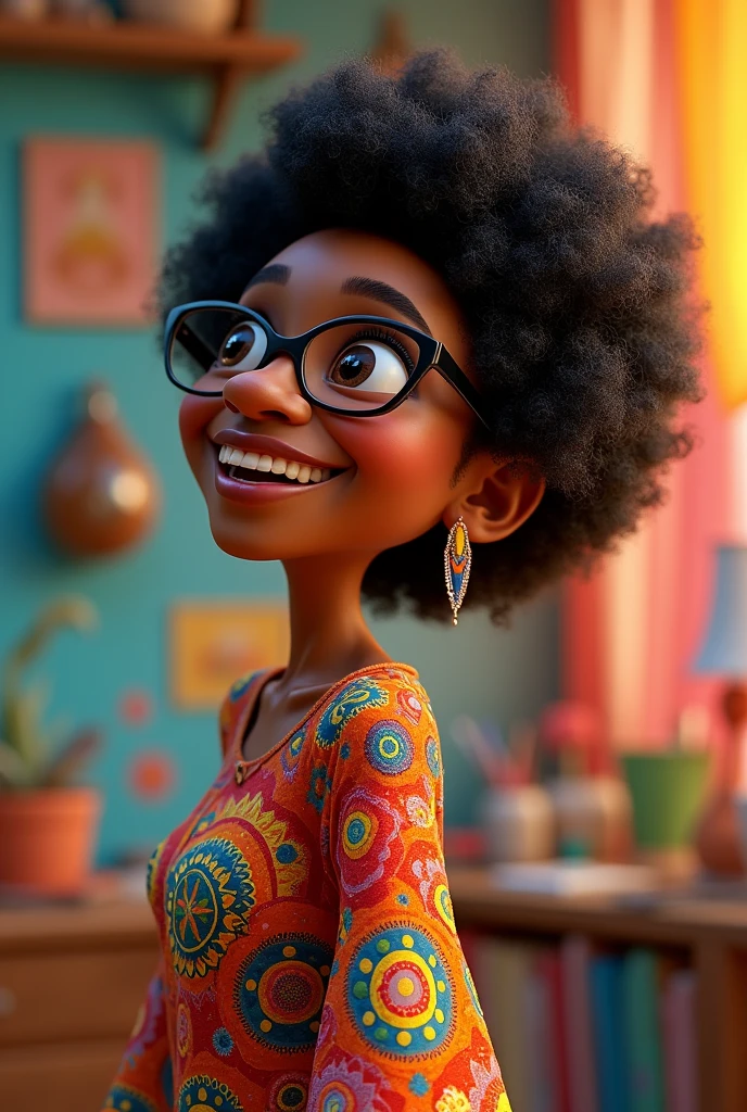 3D poster inspired by Pixar capturing scene with a 55 year old woman, medium and square black glasses, light brunette, long eyelashes, small and chubby nose, wrinkle between the eyebrows, arched eyebrows, square chin, overweight, chubby, chubby arms , slightly full lips, full breasts, smiling, black Afro hair, very black and full of curls, and short on one side, hair all curly, full of curls, shaved neck and long bangs on the sides with curls, very long with curls, with an asymmetrical pixie cut in which one side is very short and the left side is longer, long, wide and colorful dress with geometries, atelier with mandalas, a beautiful mole on the upper lip, between the nose and mouth