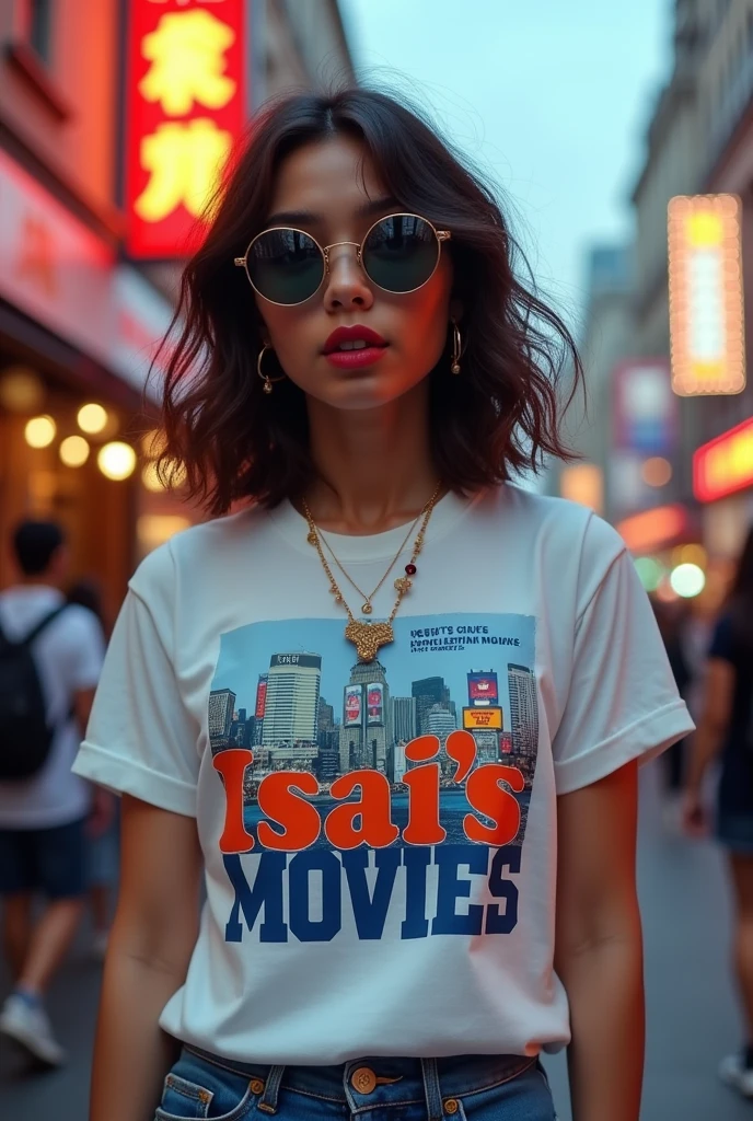 Woman wearing a shirt that says Isai's Movies