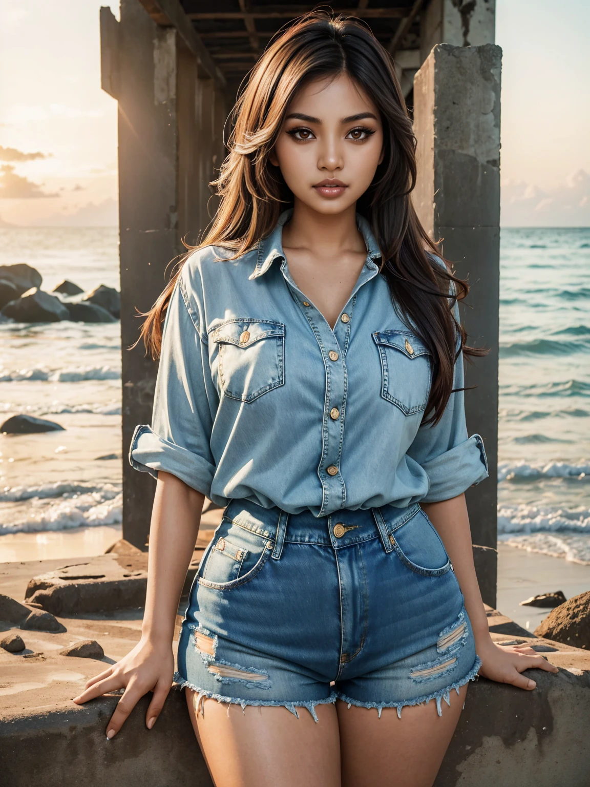 (SFW, Beautiful aesthetic sexy Malaysian|Filipina female model:1.3), thicc hourglass figure, wearing denim shorts and shirt, long messy hair, beach ruins at sunrise, soft fill lighting, freckles, perfect eyeliner and eyeshadow