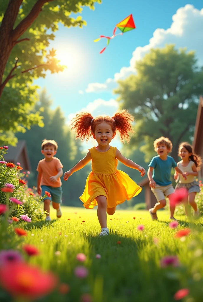An image of green grasses, on slider child is sliding, birds are staying on tress.