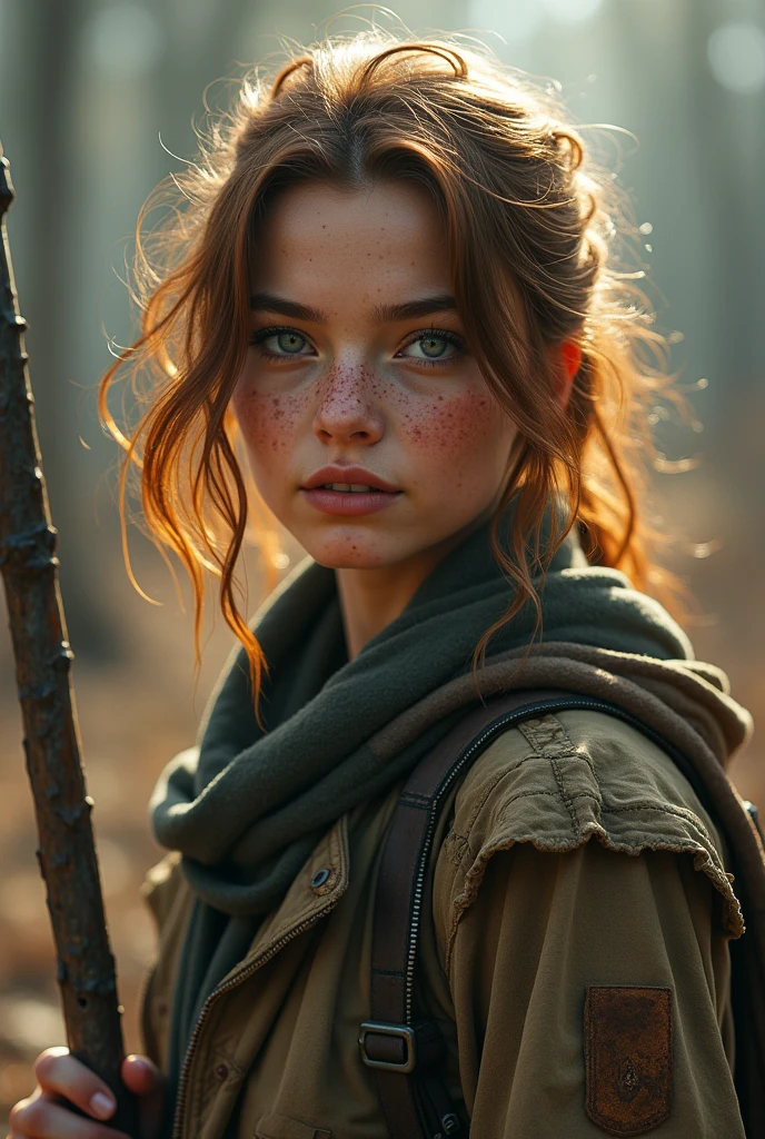 (Realistic:1.2), ultra detailed, modern analog style, photorealistic cute woman, chestnut hair, tattered outwear, post-apocalyptic, detailed face, beautiful eyes, (shy smile:0.7), freckles, holding a big staff, exhausted after another battle, dramatic, vibrant, sharp focus, looking directly to the camera, centered image, elegant, approaching perfection, hyper realystic, bokeh, cannon 6d, blured post-apocalyptic background