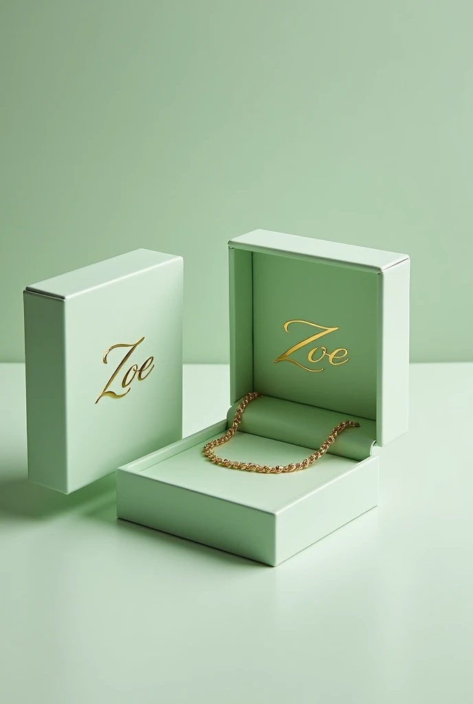 Create rectangular jewelry boxes in pastel pistachio green, plain, closed and open with a chain inside, with the name ZOE in a serif font in golden color.