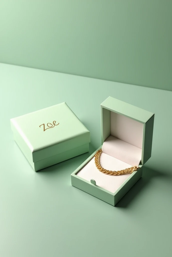 Create rectangular jewelry boxes in pastel pistachio green, plain, closed and open with a chain inside, with the name ZOE in a serif font in golden color.