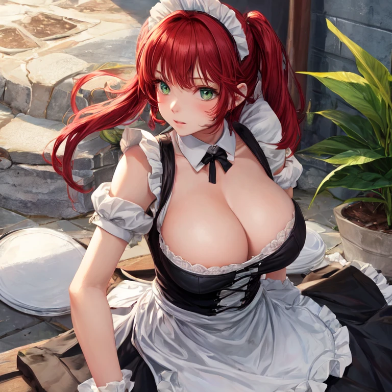 Beautiful girl maid,killer with red hair, green eyes and big breasts