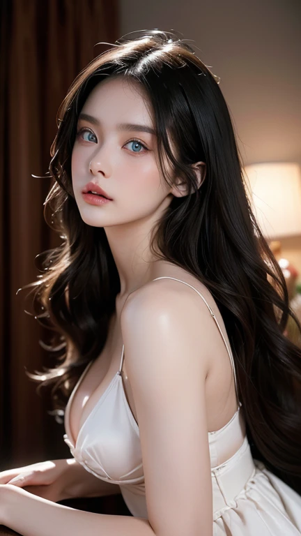 full body masterpiece, ultra realistic, 16k, high quality, incredibly detailed, dream aesthetic, dream atmosphere, cinematic, (sharp focus : 1.5), (photorealistic : 1.3), gothic (Gorgeous gothic girl), female beauty, defined jaw, square face, wonderful gothic girl (enchanting seductress), cinematic, detailed, 16k sharp focus, realistic. wonderful. Seductive (evil). black hair (realistic texture), highlighted, silky and shiny hair, detailed hair (realistic), (natural). wonderful detailed face (enchanting seductress). blushed cheekbones (rosy cheeks), tanned skin, (white skin) alabaster skin that seems to glow ethereally. Her attire is gothic. Voluptuous shape. turquoise blue eyes (evil eyes look). a symmetrical face ::2 gothic clothes + ArtStation Trends + fantasy art + realistic cloth + fractals in the background, loose hair --aspect 9:21 – enhance your unearthly beauty. realistic skin texture, pale white skin illuminated. realistic perfect shading. absurd, realistic textures. alone, alone, 1 girl. Looking at the viewer. muscular female body, hot body, toned body, defined muscles. big natural breasts, cleavage. pantyhose, gothic (black) dress (realistic texture). In different positions at different angles. Bedroom background. incredibly real, best quality, photorealistic.
