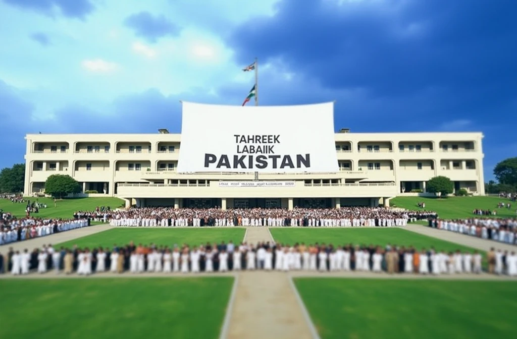 Create picture A large white flag And Wrote it TAHREEK LABAIK PAKISTAN Stand with 20099 Mens in this building wrote ( National Assembly Pakistan )
