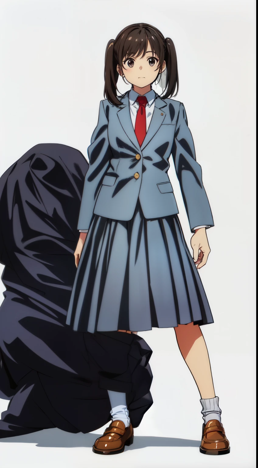 (white background:1.0), (best quality:1.0), (masterpiece:1.0), (super fine illustration:1.0), (beautiful artwork:1.0), (anime screencap:1.0), (official art:1.0), (full body:1.0), (solo:1.0), (a 17yo cute girl:1.0), (long skirt:1.0), (dark blue skirt:1.0), (pleated skirt:1.0), (school uniform dark blue blazer:1.0), (red necktie:1.0), (loafers:1.0), (white socks:1.0), (ideal ratio body proportions:1.0), (lanky:1.0), (tall:1.0), (slender:1.0), (small breasts:1.0), (smaller face:1.0), (detailed beautiful eyes:1.0), (detailed beautiful face:1.0), (glowing black eyes:1.0), (short hair:1.0), (twin tails:1.0), (swept bangs:1.0), (black hair:1.0), (standing:1.0), (looking at viewer:1.0)