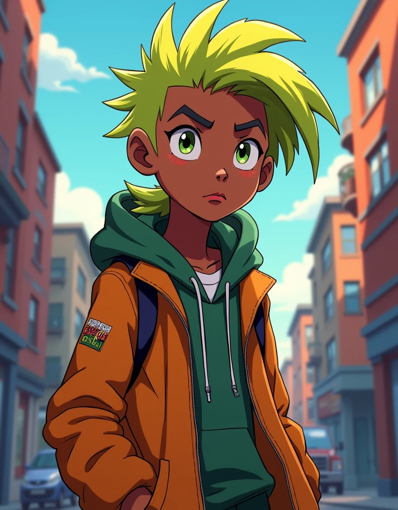 a boy with brown skin, golden and green mullet hair, wearing a coat, cool young delinquent, modern street clothes, cartoon network EUA animation design style, (best quality,4k,8k,highres,masterpiece:1.2),ultra-detailed,(realistic,photorealistic,photo-realistic:1.37),extremely detailed eyes and face,beautiful detailed eyes,beautiful detailed lips,longeyelashes,vibrant colors,dynamic lighting,urban setting