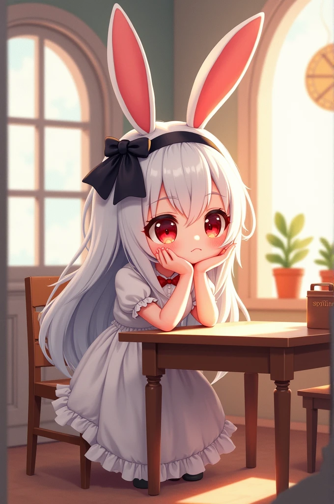 (2.5D),oil painting,solo,1girl\(2.5D,Chibi,cute,kawaii,small ???,white hair:1.4,long,hair,rabbit ear,white long dress with frill,red eyes,big eyes,skin color white,big black hairbow,sitting at table,thinking about somthing\),background\(inside,simple room,table\),(2.5D)