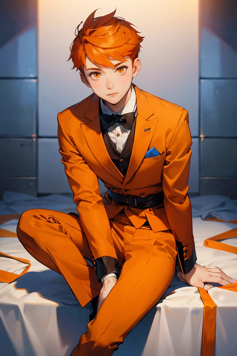 1man, twink, with a short undercut hairstyle and orange hair, orange eyes, dressed in an orange formal prince's outfit. He is sitting upright, viewed from the front, 16K
