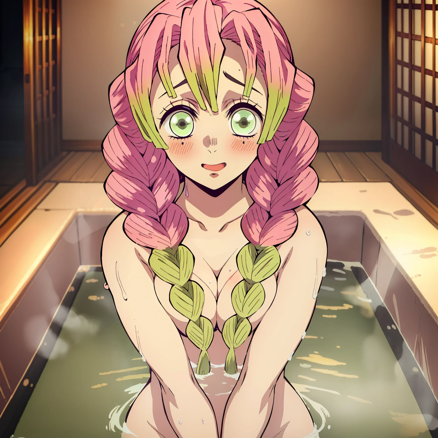 (masterpiece, Best Quality), 1chica, MitsuriKanroji, gorgeous, bathing, , smile, naked, , breasts