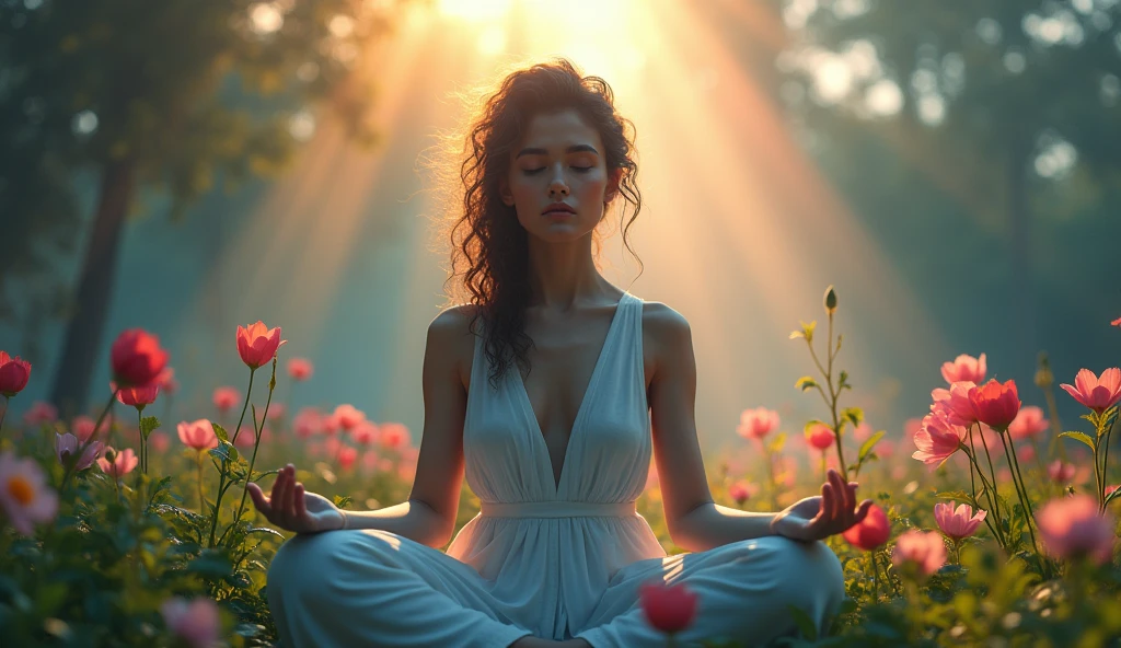 a minimalist vector mage in the style of a watercolor painting, a person meditating in a garden, soft rainbow colors permeating the sky, beautiful detailed eyes, beautiful detailed lips, extremely detailed face, cinematic lighting, serene atmosphere, high quality, intricate details, vivid colors, photorealistic, (best quality,4k,8k,highres,masterpiece:1.2),ultra-detailed,(realistic,photorealistic,photo-realistic:1.37)