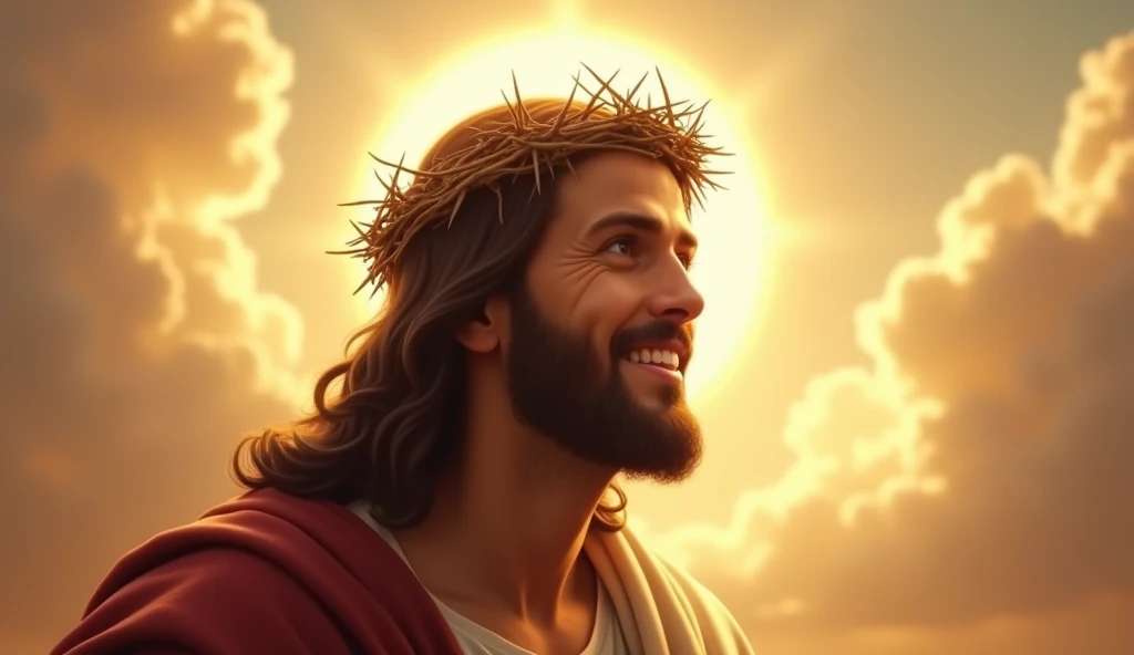 Jesus with a crown of thorns on his head, JesusChrist, the lord and savior, portrait of JesusChrist, Jesus of Nazareth, brilliant light masterpiece, jesus, greg olsen, king of kings, beautiful image already created, Bright halo above your head, sua mente contemplando a eternidade, glorious light,!! jesus SMILING.
