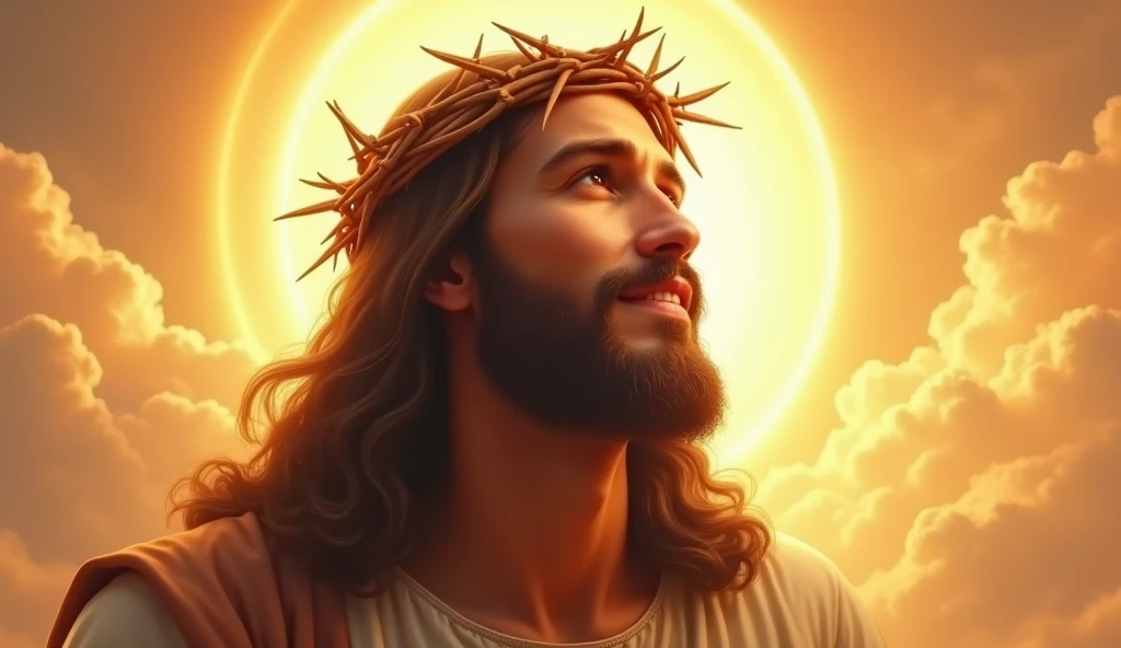 Jesus with a crown of thorns on his head, JesusChrist, the lord and savior, portrait of JesusChrist, Jesus of Nazareth, brilliant light masterpiece, jesus, greg olsen, king of kings, beautiful image already created, Bright halo above your head, sua mente contemplando a eternidade, glorious light,!! jesus SMILING.