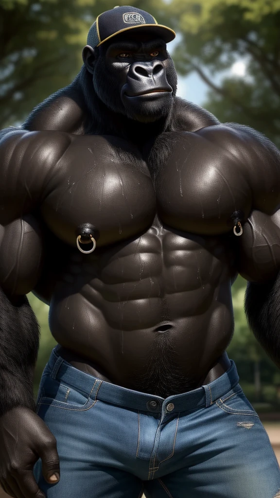 Close-up of a muscular and athletic male gorilla, posing sensually, in a park, at daytime, wearing jeans, using nipple piercings, wearing a cap, wet with semen, sweaty body, well detailed, ultra detailed, NSFW, black fur, Whole body, big body, detailed face, detailed features, detailed muscles, good anatomy.