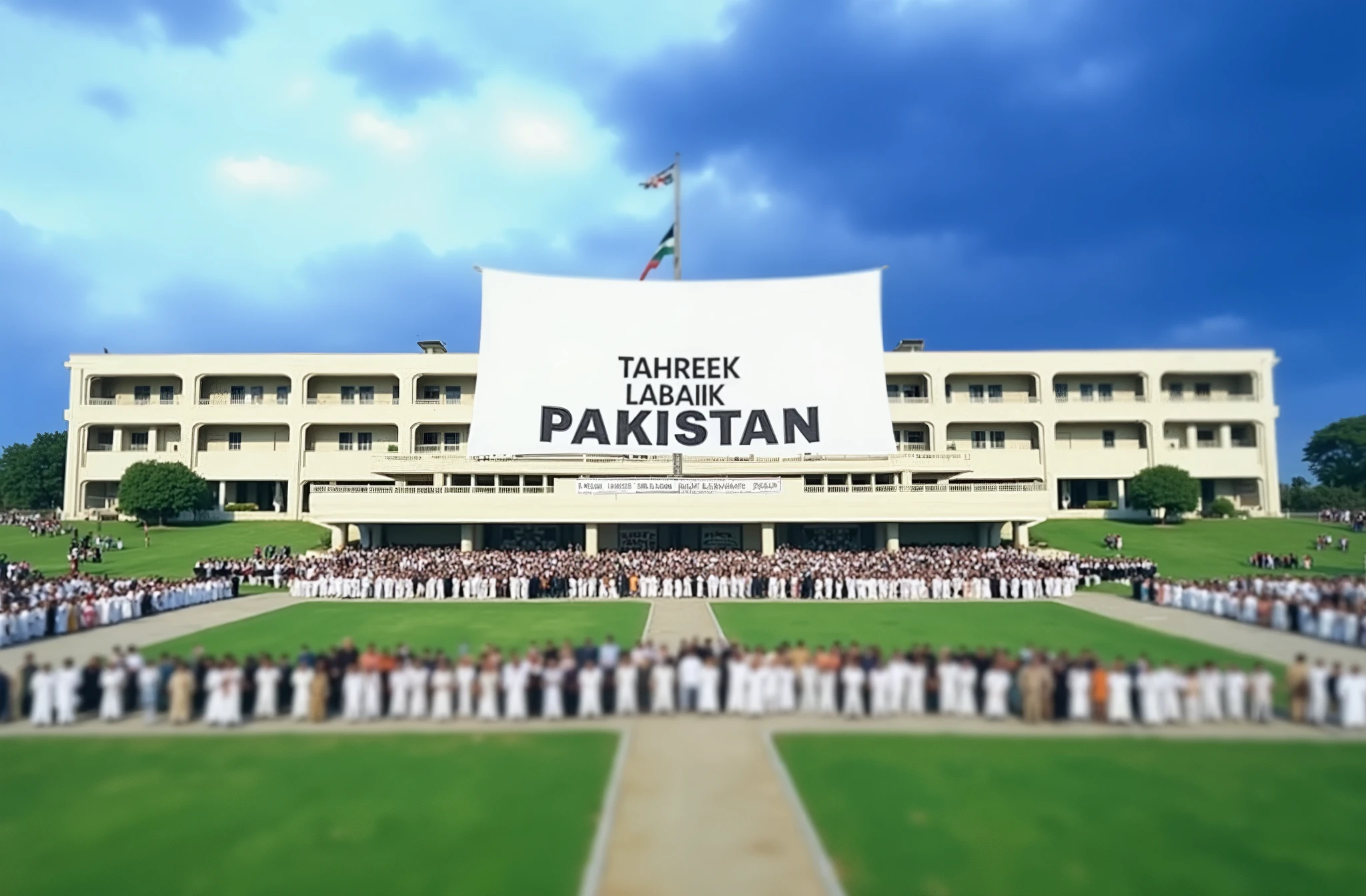 Create picture A large white flag And Wrote it TAHREEK LABAIK PAKISTAN Stand with 20099 Mens in this building wrote ( National Assembly Pakistan )