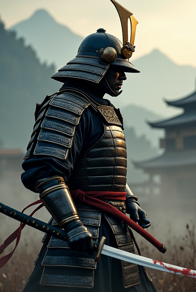 For a samurai wallpaper, Imagine a samurai in a fighting pose, With detailed and stylized armor, Highlighting his ornate metal plates and a helmet with an imposing design. He is in a battle scenario or on a battlefield at dawn, With a dramatic background of mountains or a Japanese temple. The scene can include elements like fog or light rain, Adding a sense of motion and intensity. Details such as the shine of the katana blade and the contrast between light and shadow enhance the samurai's impressiveness.