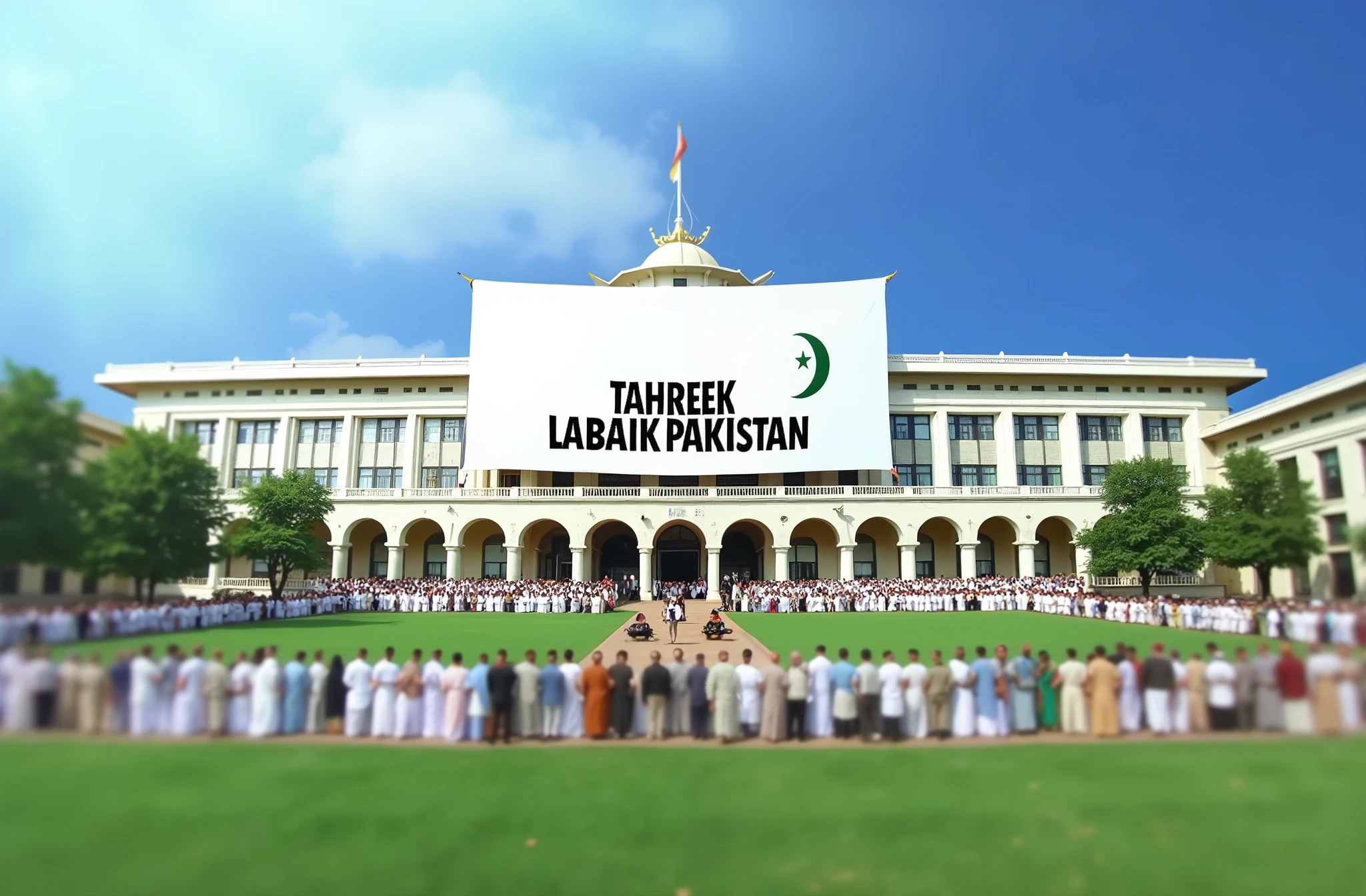 Create picture A large white flag And Wrote it TAHREEK LABAIK PAKISTAN Stand with 20099 Mens in this building wrote ( National Assembly Pakistan )