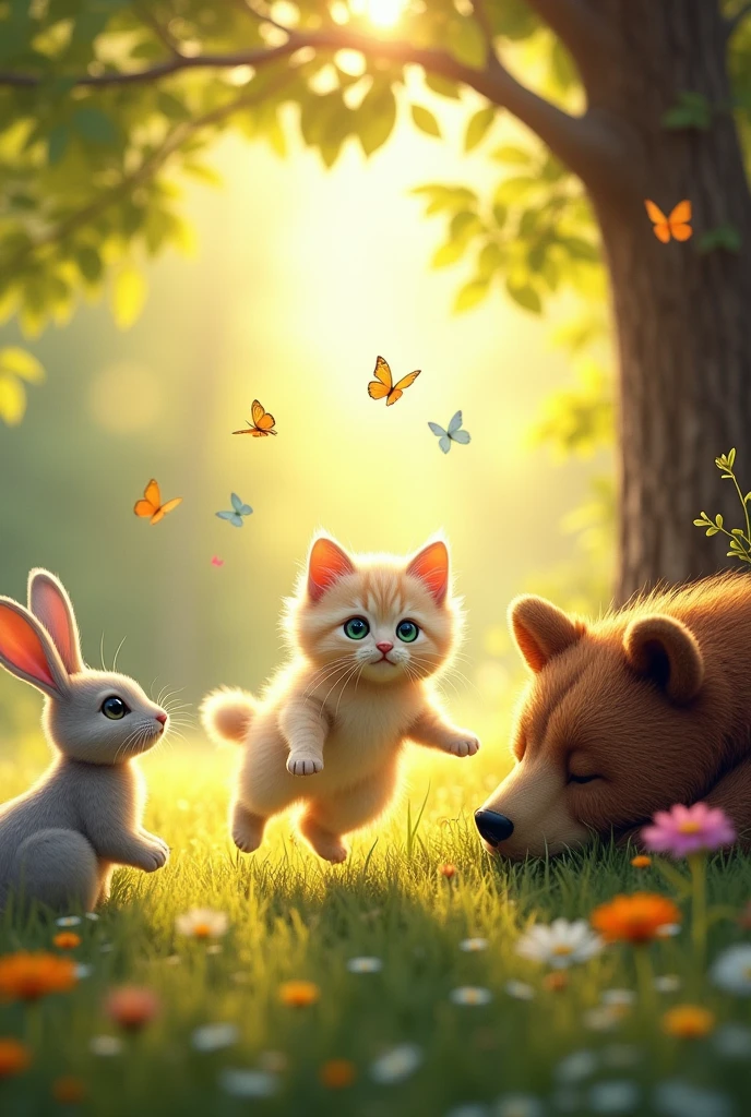 The little cat plays alone and the rabbit and the sleepy bear watch him.