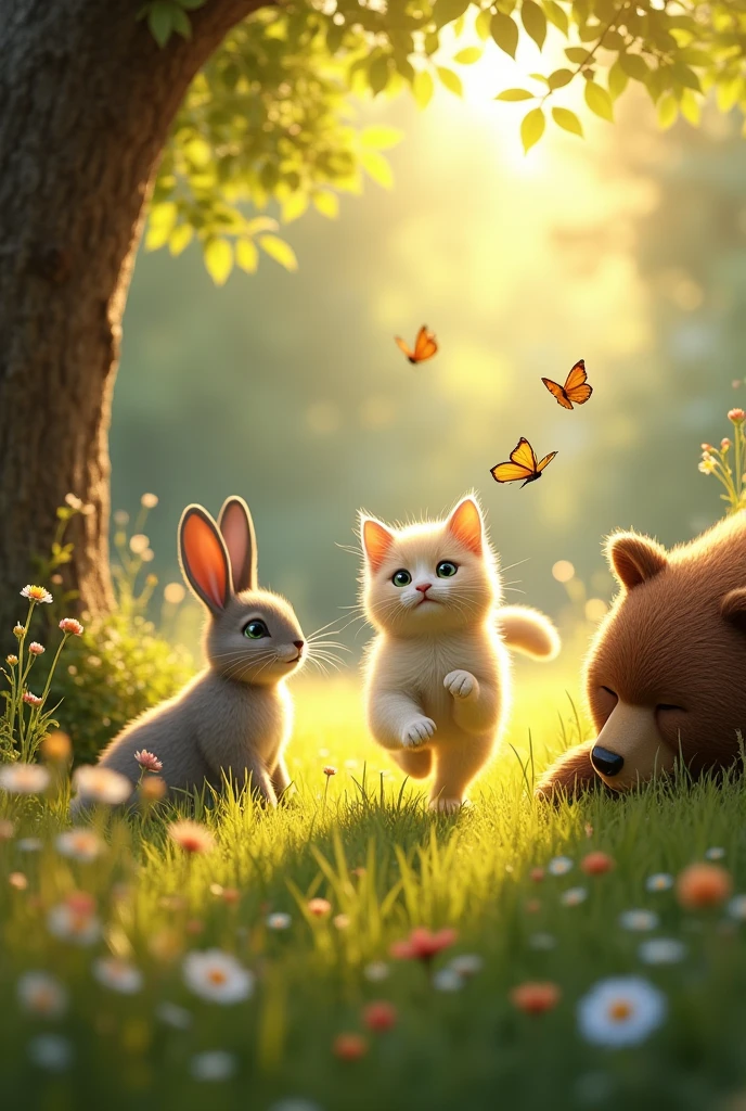 The little cat plays alone and the rabbit and the sleepy bear watch him.