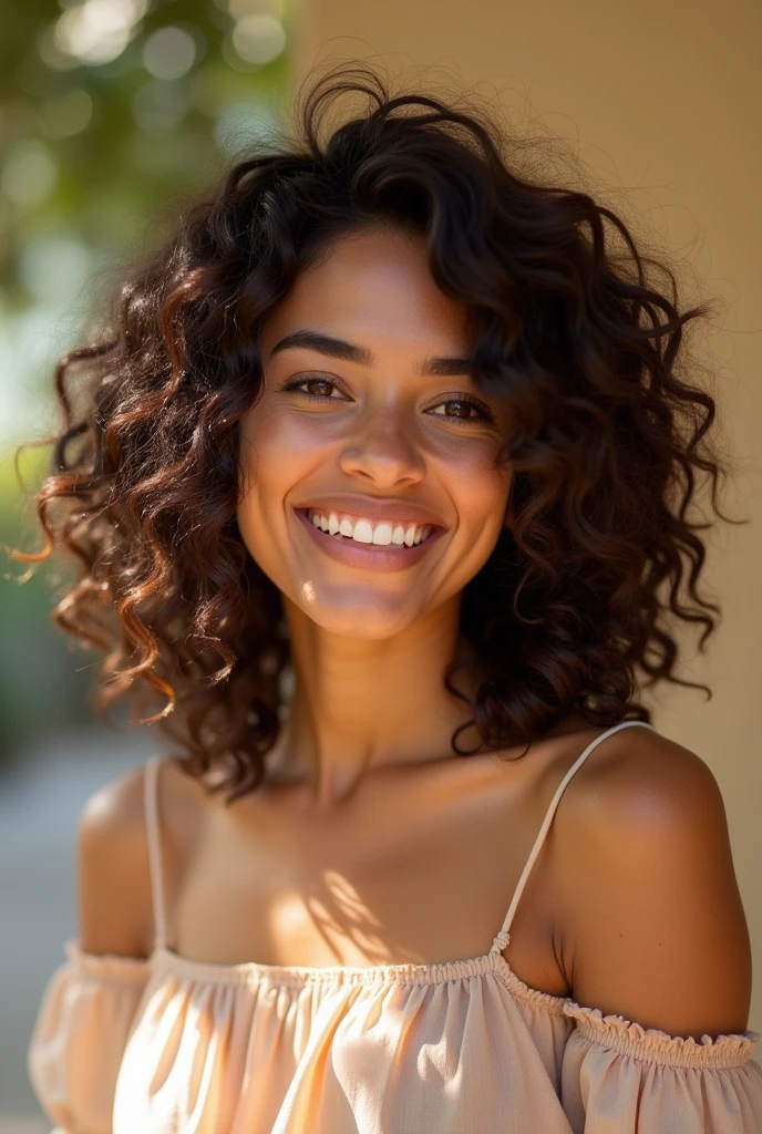 Create a realistic image of a 25-year-old Brazilian woman with medium-length hair, slightly below the shoulders. Her hair should be naturally wavy and a rich dark brown color. She has a warm, sun-kissed complexion typical of a Brazilian, with expressive brown eyes and a confident smile. She should be dressed casually in a light, breezy top, suitable for a warm climate. The background should be neutral, allowing the focus to remain on her, with soft, natural lighting enhancing her features.