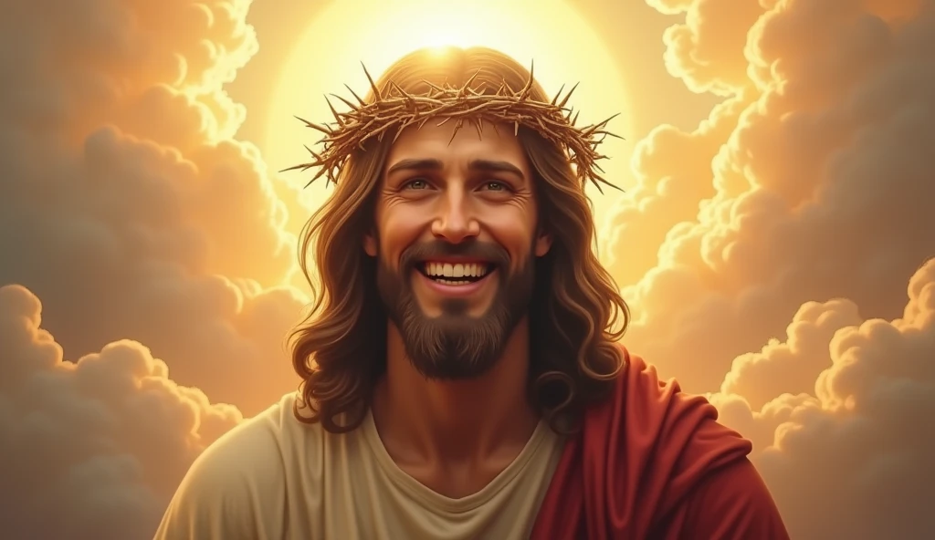 Jesus with a crown of thorns on his head, JesusChrist, the lord and savior, portrait of JesusChrist, Jesus of Nazareth, brilliant light masterpiece, jesus, greg olsen, king of kings, beautiful image already created, Bright halo above your head, sua mente contemplando a eternidade, glorious light,!! jesus SMILING.