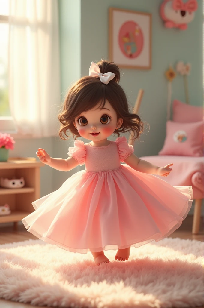 baby girl, dark brown hair with a white bow, sweetheart, the most beautiful eyes, full-length, in a pink dress dancing in the children's room, ultra-high quality model, intricate masterpiece of art, golden ratio, cgsociety trends, Fujicolor c200, epic, trends on artstation, 8k, hdr, high definition resolution, illustration, by Karne Griffiths, Vadim Kashin