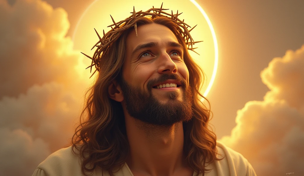 Jesus with a crown of thorns on his head, JesusChrist, the lord and savior, portrait of JesusChrist, Jesus of Nazareth, brilliant light masterpiece, jesus, greg olsen, king of kings, beautiful image already created, Bright halo above your head, sua mente contemplando a eternidade, glorious light,!! jesus SMILING.