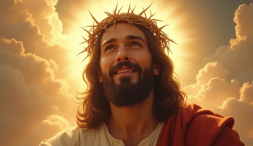Jesus with a crown of thorns on his head, JesusChrist, the lord and savior, portrait of JesusChrist, Jesus of Nazareth, brilliant light masterpiece, jesus, greg olsen, king of kings, beautiful image already created, Bright halo above your head, sua mente contemplando a eternidade, glorious light,!! jesus SMILING.