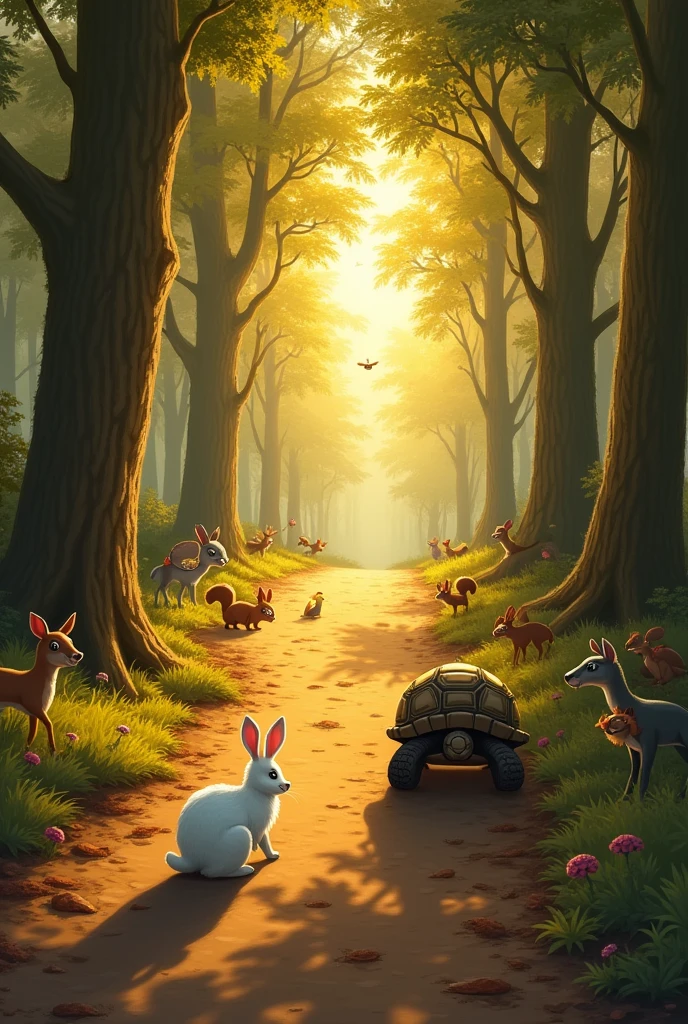 Imagine a peaceful forest at sunset, where a narrow dirt path winds through tall trees. The leaves are tinged with golden light, and the shadows are long and soft. On one side of the path stands a sleek, white rabbit with bright eyes, crouched and ready to dash forward. On the other side is a steady tortoise with a determined expression, his shell gleaming softly in the fading light. A group of curious forest animals, including deer, squirrels, and birds, gather around, their faces filled with excitement and wonder as they prepare to witness the start of an unexpected race. The finish line, marked by two tall trees in the distance, stands as a silent challenge. The atmosphere is a blend of tension and calm, with the forest alive in the anticipation of the race's outcome.