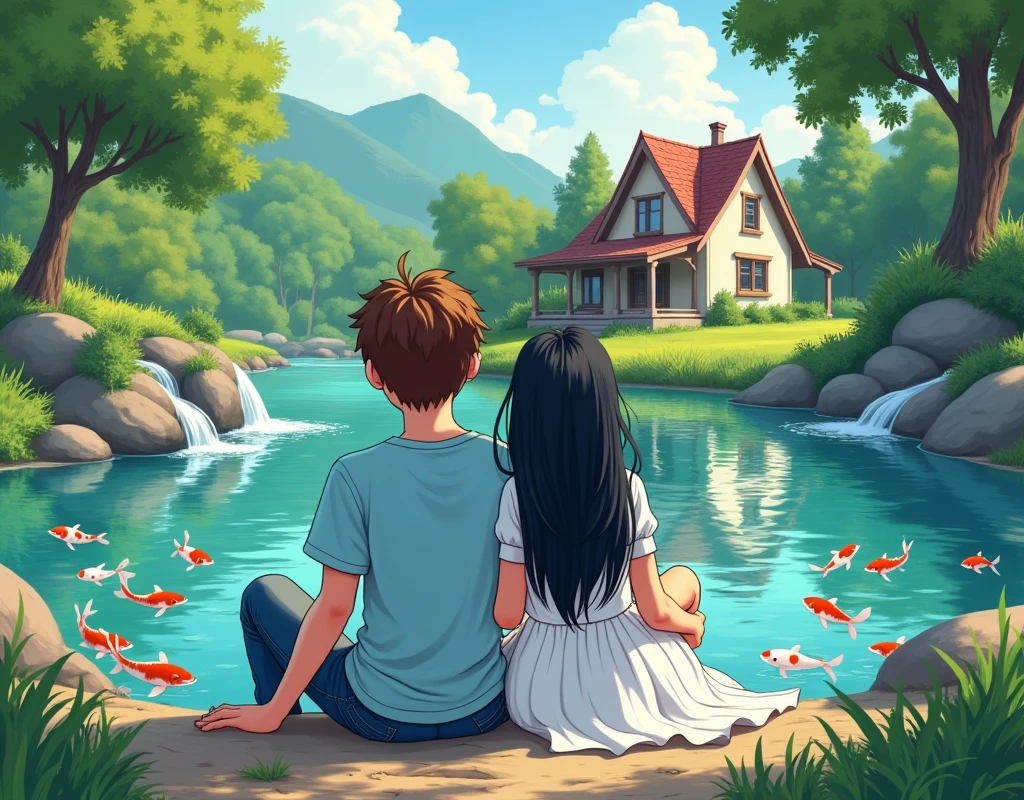 An image of two teenagers , A boy and a girl sitting, With their backs to the image, by a lake. He has short brown hair, jeans and a light blue shirt. She is wearing a white dress and has long black hair. Os dois estão sentados by a lake, that is full of different colored koi carp. The lake has a small waterfall that flows into it. Around them there is a country house surrounded by nature. the image can be in a cartoon style